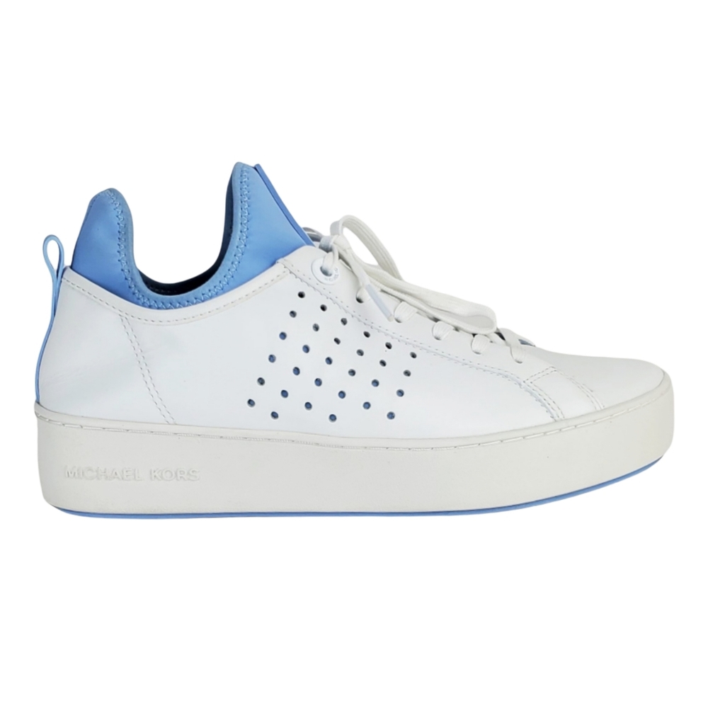 New Michael kors ace lace up lasered leather sneakers white pale blue - Picture 7 of 15
